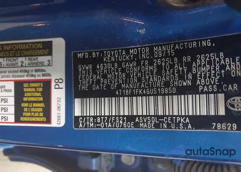 2016 Toyota Camry Se from USA, damaged, VIN 4T1BF1FK4GU519850